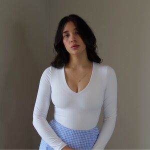 Abercrombie & Fitch Soft A&F Collection Long-Sleeve V-Neck Bodysuit in White